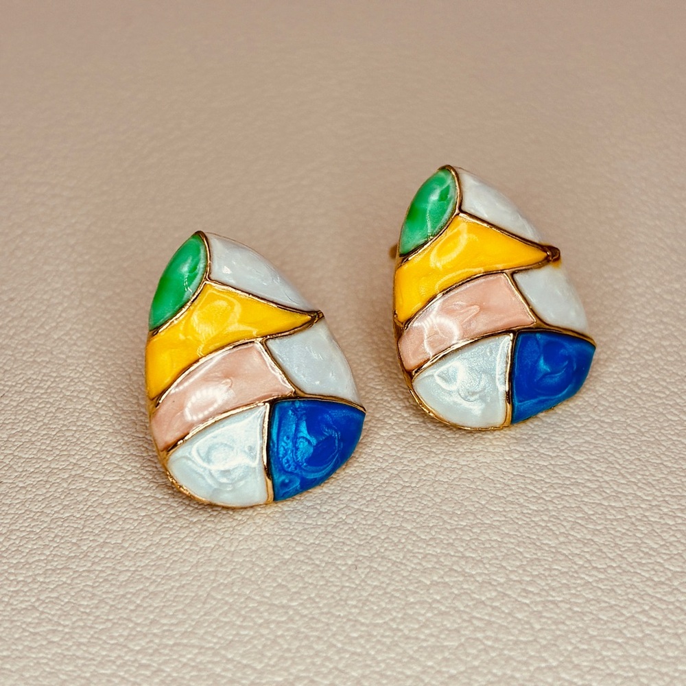Multicolor Enamel Mosaic Drop Design Stud Earrings